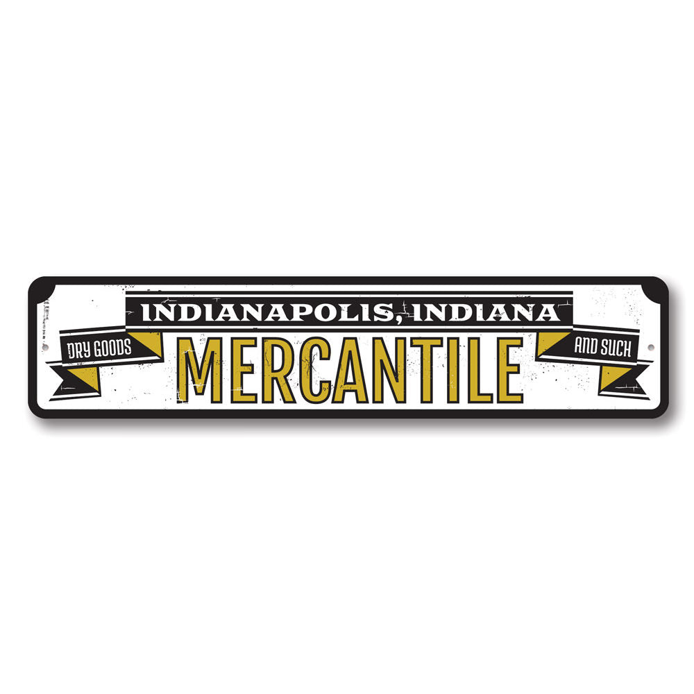 Mercantile Dry Goods Sign made of high-quality aluminum, featuring customizable text and pre-drilled holes for easy mounting.