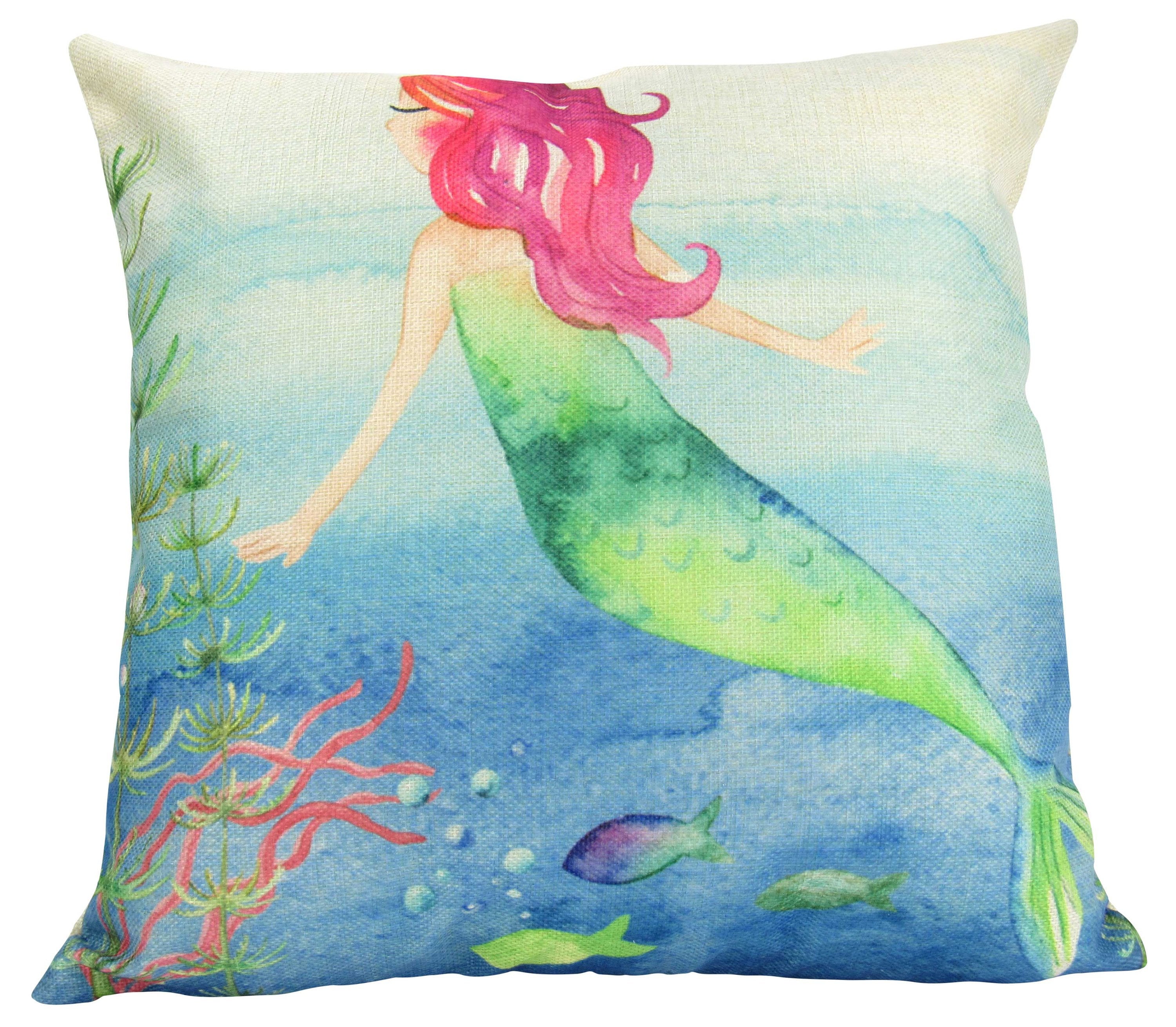 A beautifully designed mermaid pillow cover featuring a pink-haired mermaid floating in the sea, perfect for nursery decor.