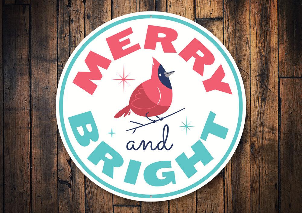 Merry and Bright Cardinal Christmas Sign featuring vibrant colors and festive design, perfect for holiday decorations.