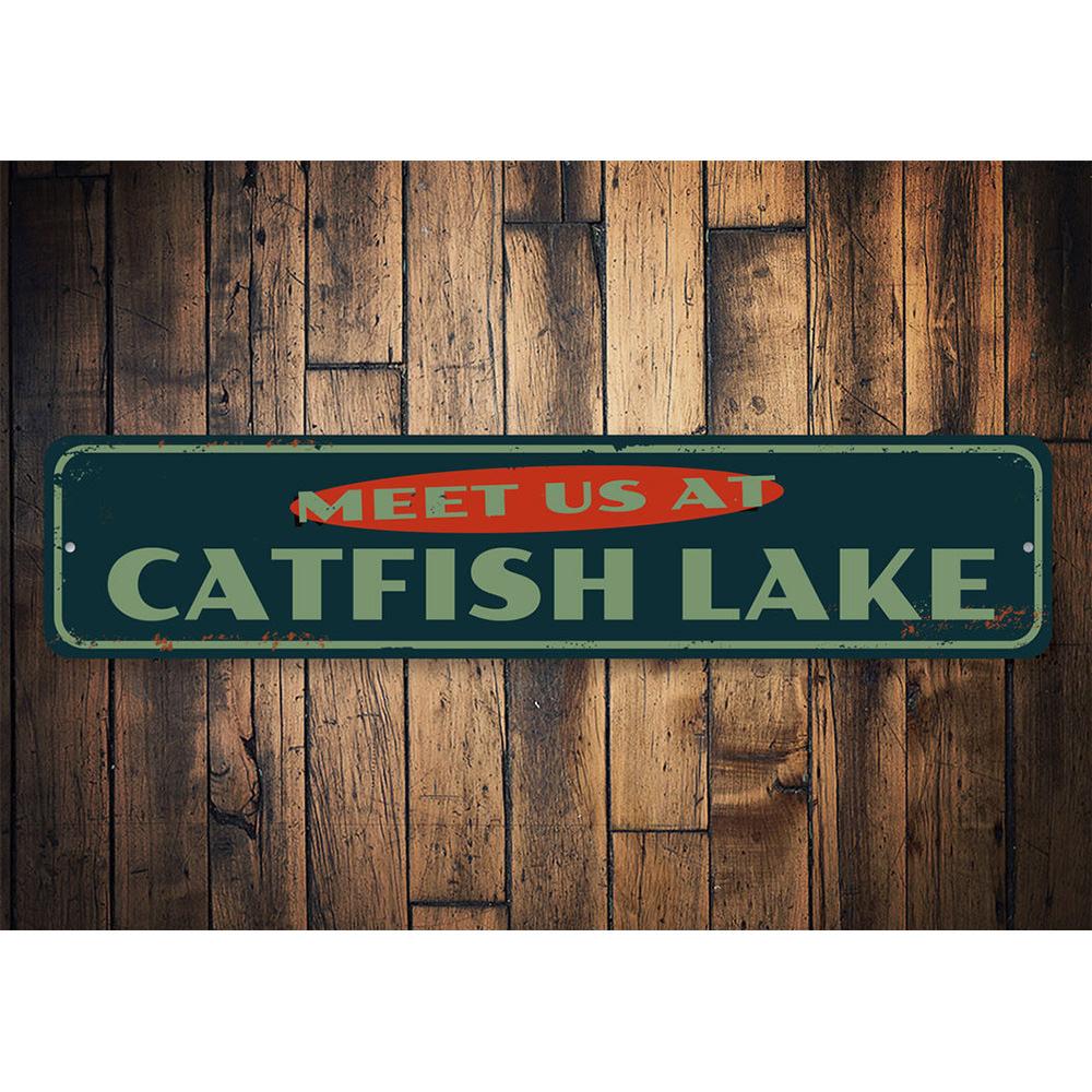 Personalized aluminum decorative sign reading 'Meet Us At Lake Name', showcasing a beautiful lakeside theme.
