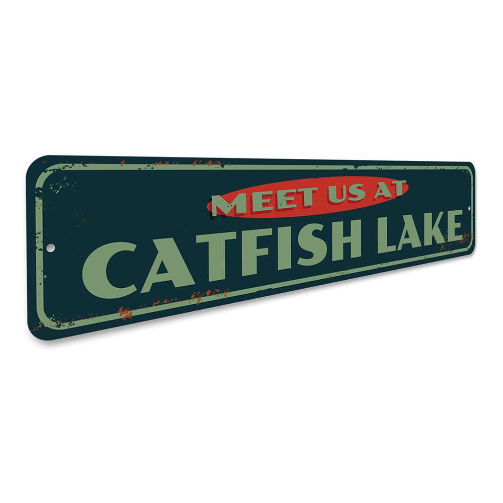 Personalized aluminum decorative sign reading 'Meet Us At Lake Name', showcasing a beautiful lakeside theme.