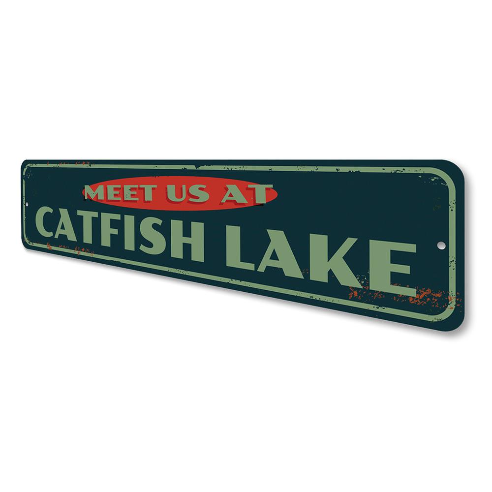 Personalized aluminum decorative sign reading 'Meet Us At Lake Name', showcasing a beautiful lakeside theme.