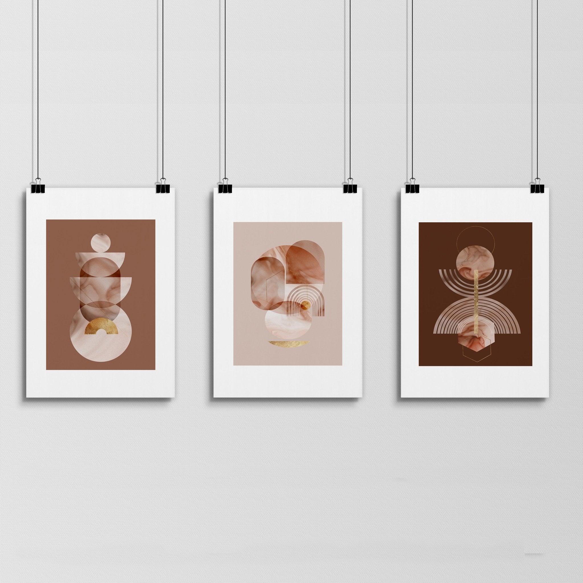 Set of 3 framed Mid Century Modern artwork prints featuring intricate designs in peach, terracotta, and gold colors, perfect for home decor.
