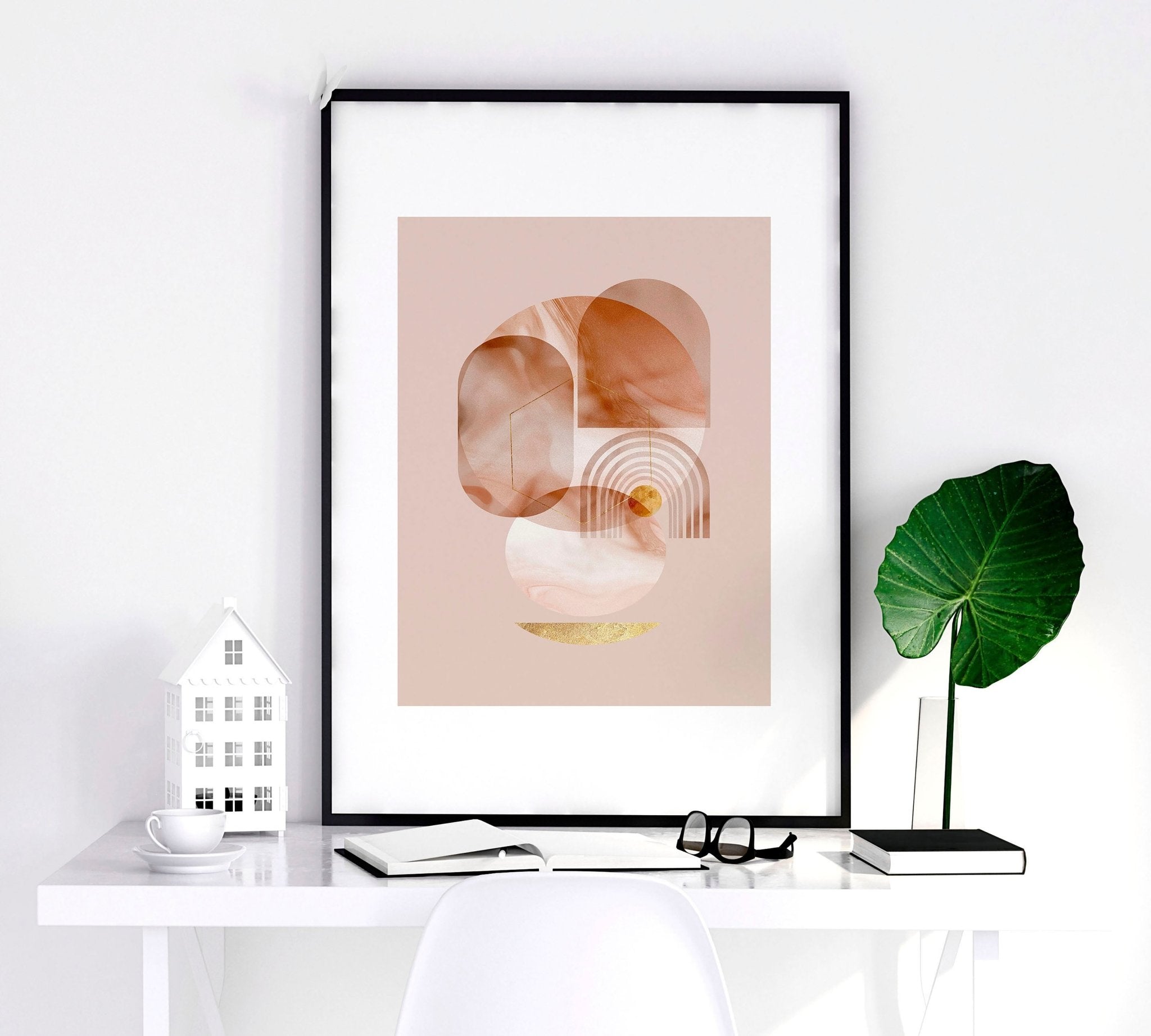 Set of 3 framed Mid Century Modern artwork prints featuring intricate designs in peach, terracotta, and gold colors, perfect for home decor.