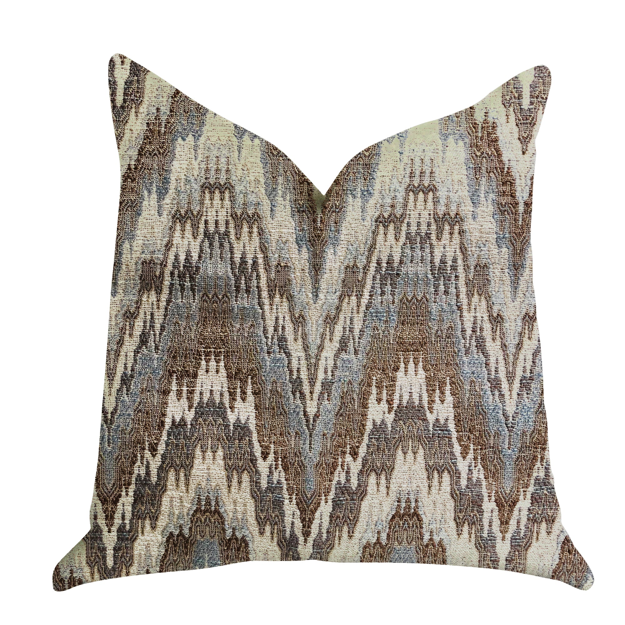 Mid Night Oblique Ridge Wave Luxury Throw Pillow featuring a stylish oblique ridge pattern in brown, blue, and beige colors, with a soft fabric blend.