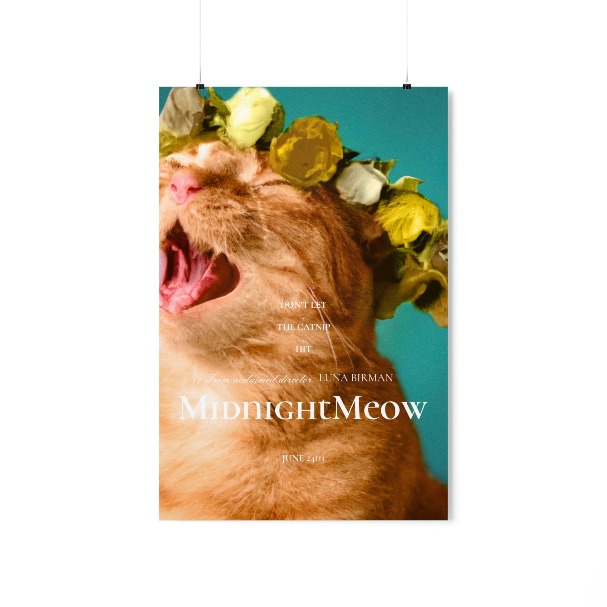 Midnight Meow Cat Movie Poster featuring a whimsical cat design on premium matte paper.