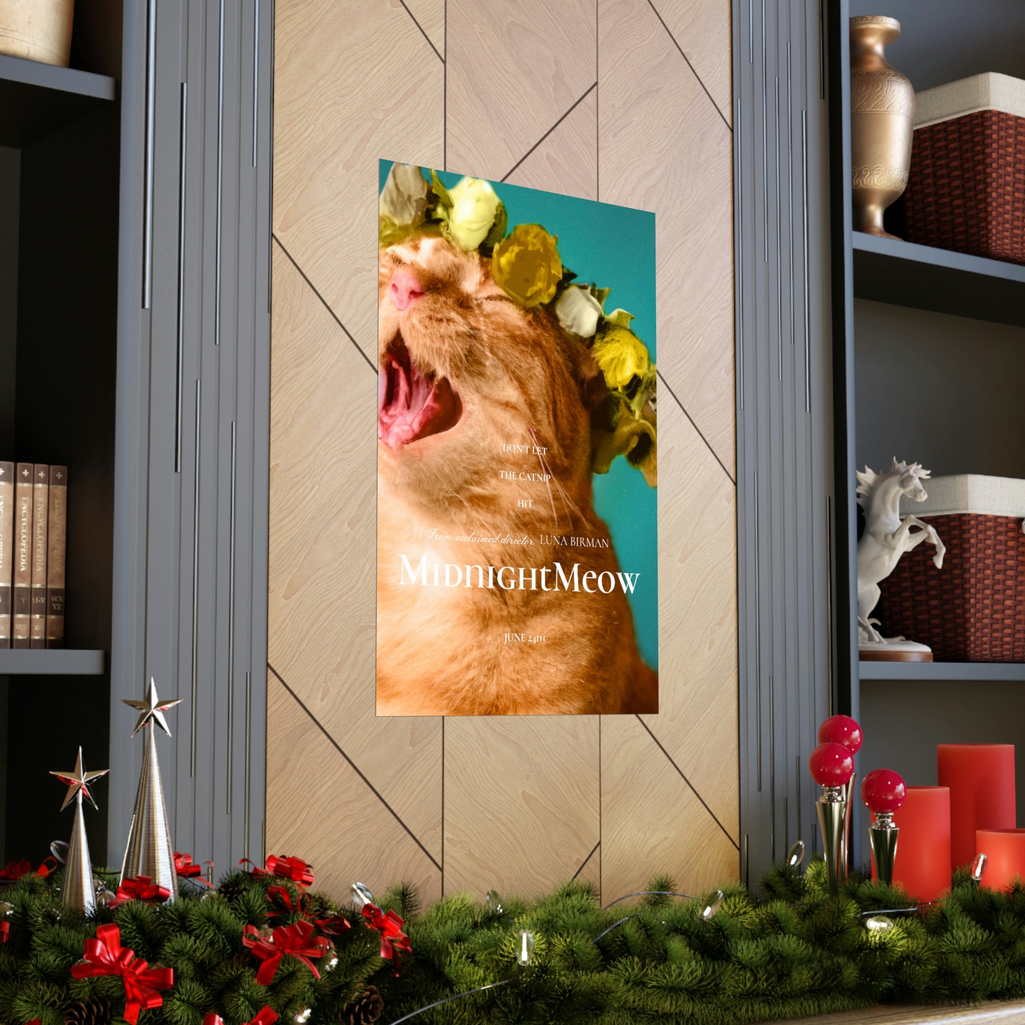 Midnight Meow Cat Movie Poster featuring a whimsical cat design on premium matte paper.