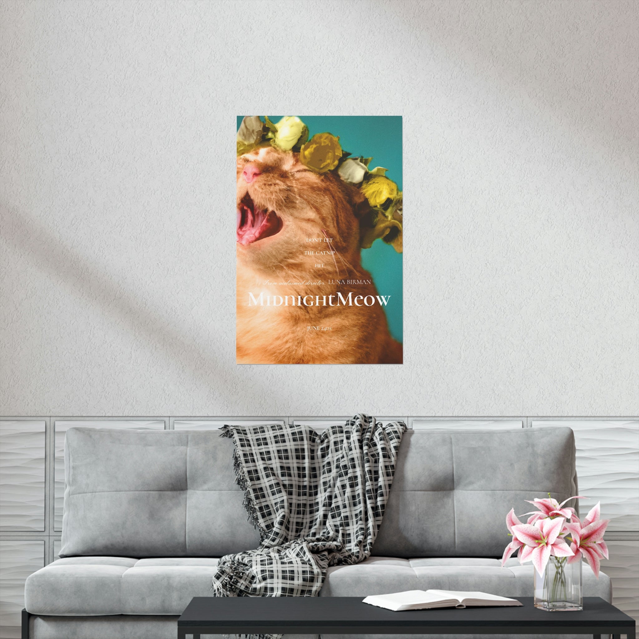 Midnight Meow Cat Movie Poster featuring a whimsical cat design on premium matte paper.