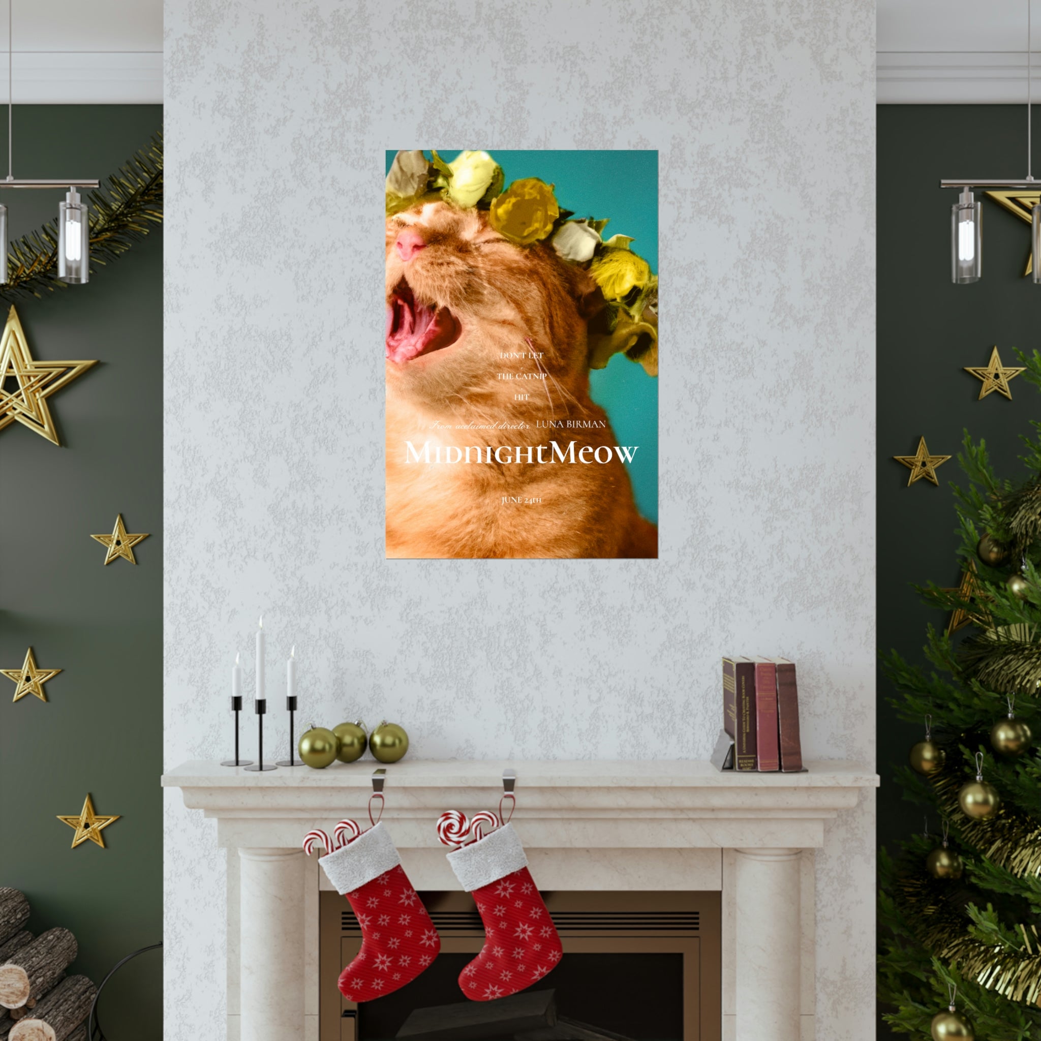 Midnight Meow Cat Movie Poster featuring a whimsical cat design on premium matte paper.