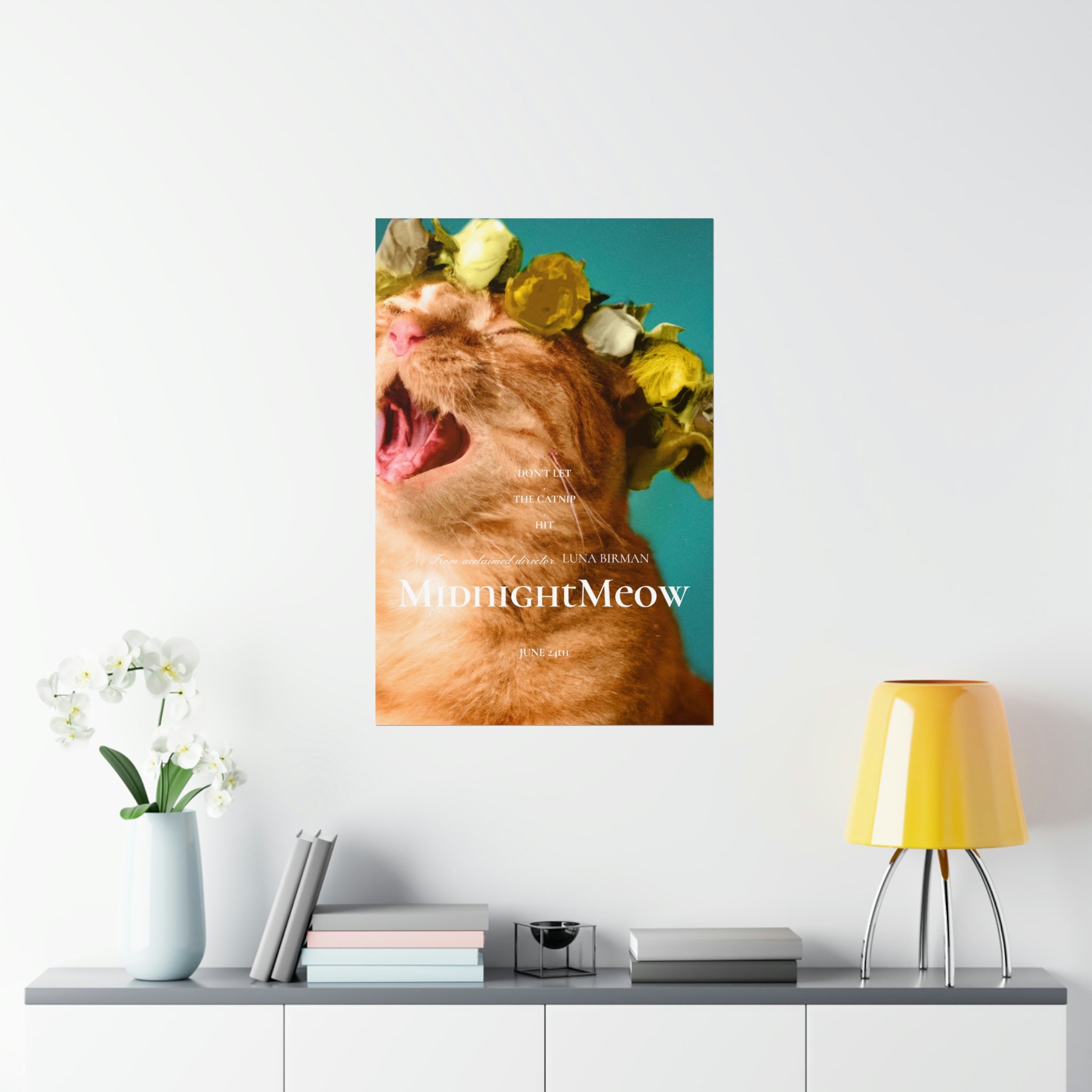Midnight Meow Cat Movie Poster featuring a whimsical cat design on premium matte paper.