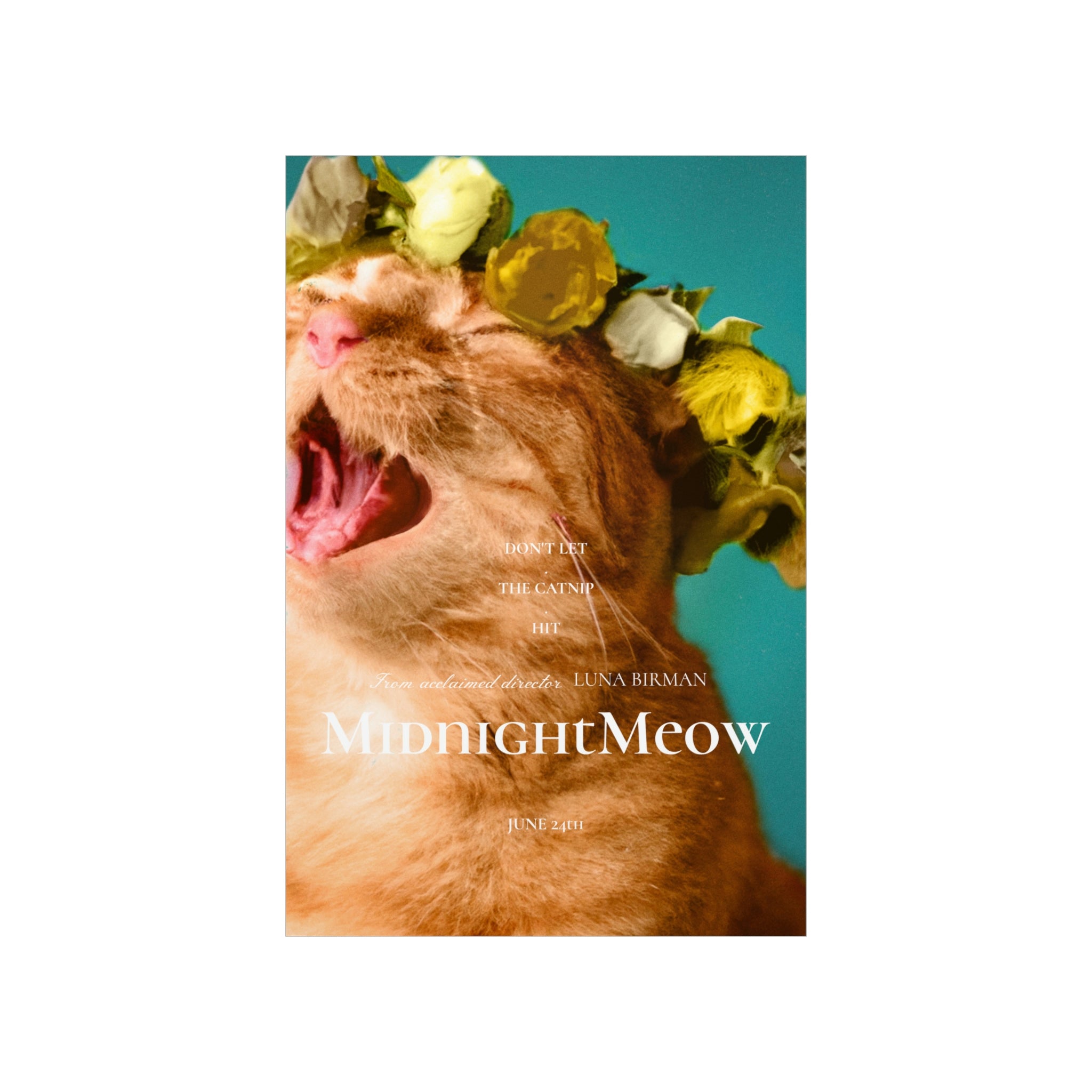 Midnight Meow Cat Movie Poster featuring a whimsical cat design on premium matte paper.