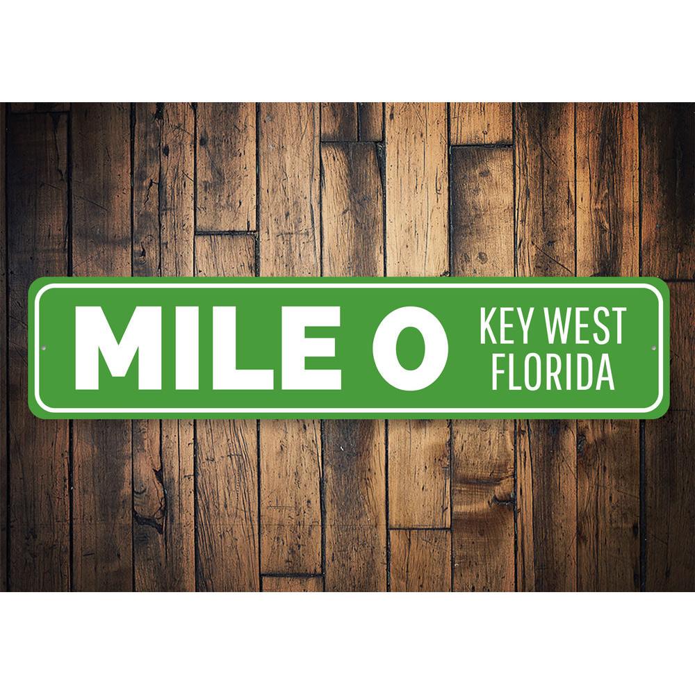 Mile 0 Key West Sign made of high-quality aluminum, featuring customizable text and pre-drilled holes for easy mounting.