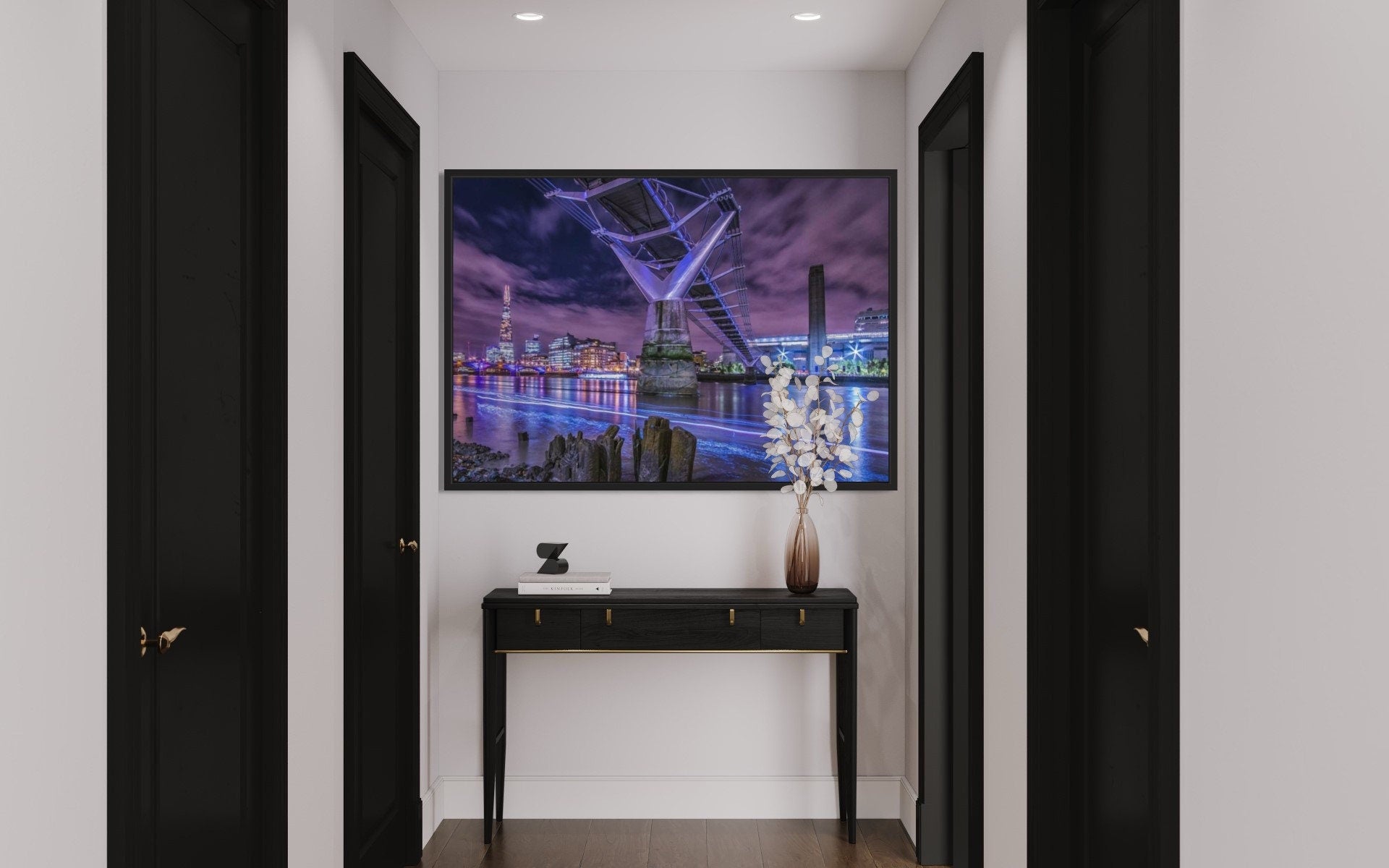 A stunning night view of the Millennium Bridge illuminated against the dark sky, showcasing its architectural beauty over the River Thames.