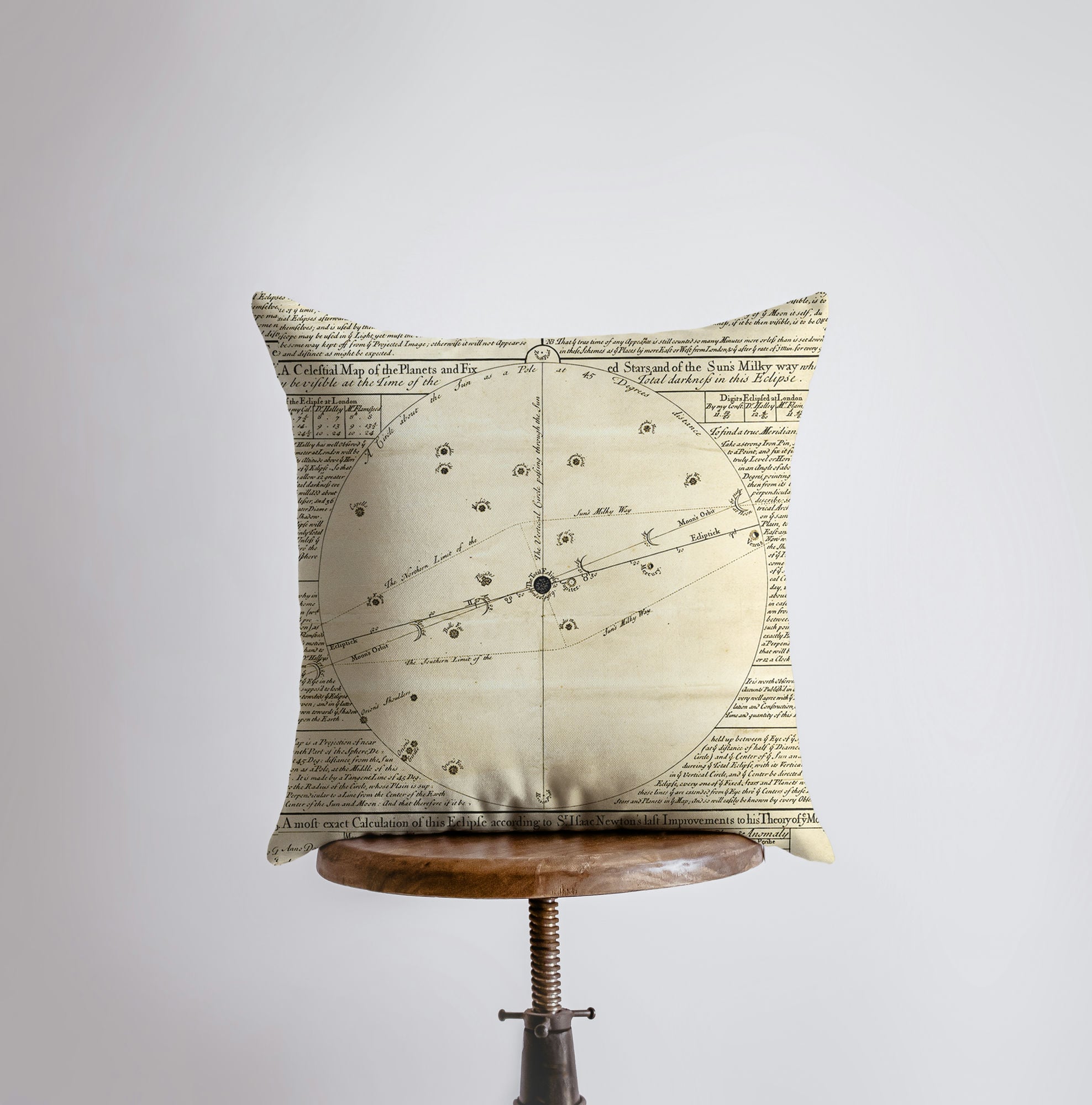 Milky Way throw pillow featuring a hand-drawn star map design with Earth and fixed stars, showcasing a celestial theme.