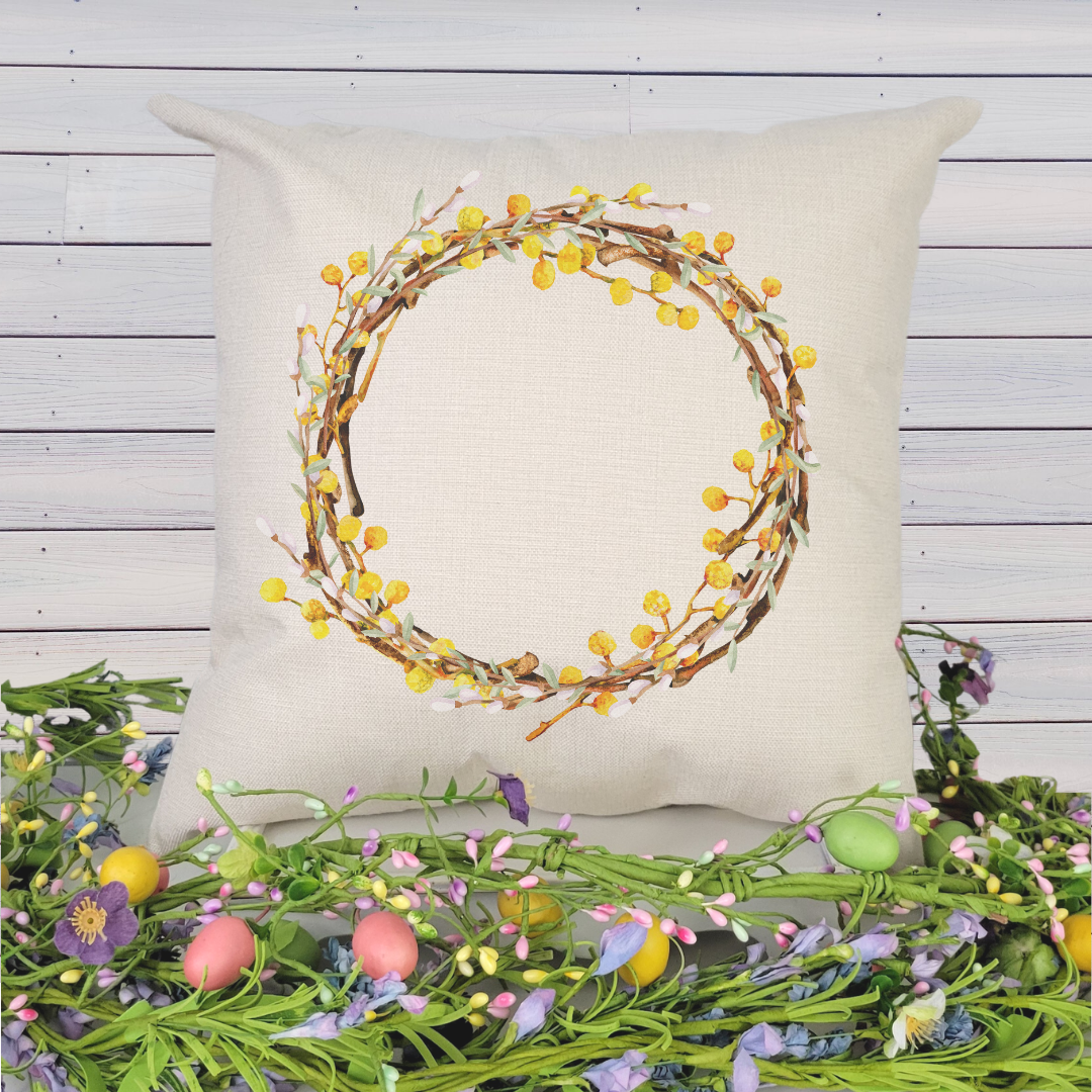 Mimosa Wreath Pillow Cover featuring floral design on woven linen fabric, with a hidden zipper and available in beige and satin white.