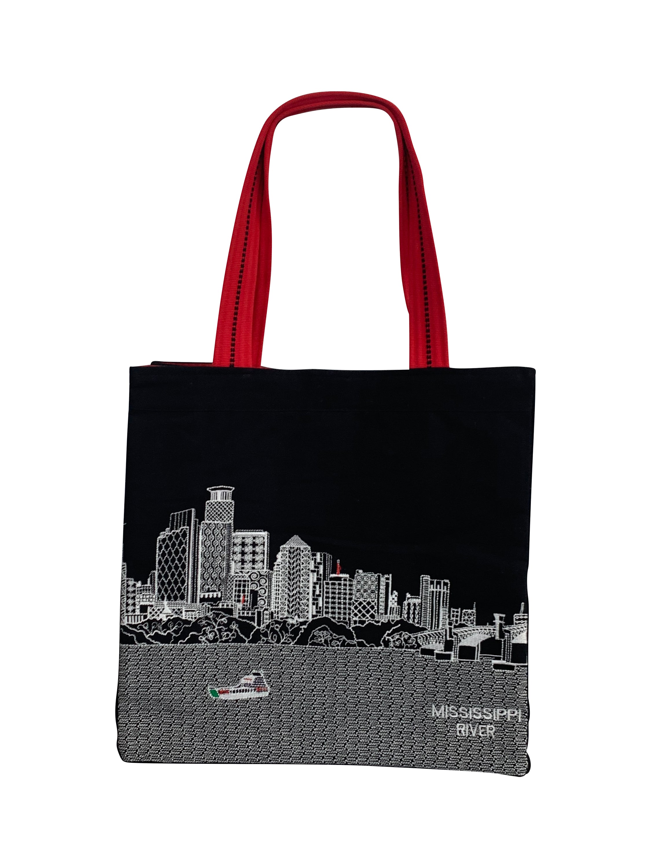 Minneapolis Tote Bag featuring embroidered skyline design on cream and black cotton canvas with red waterproof lining and ribbed straps.