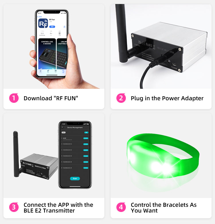 Mini APP Transmitter for controlling LED bracelets and lightsticks, featuring a compact design and smartphone connectivity.