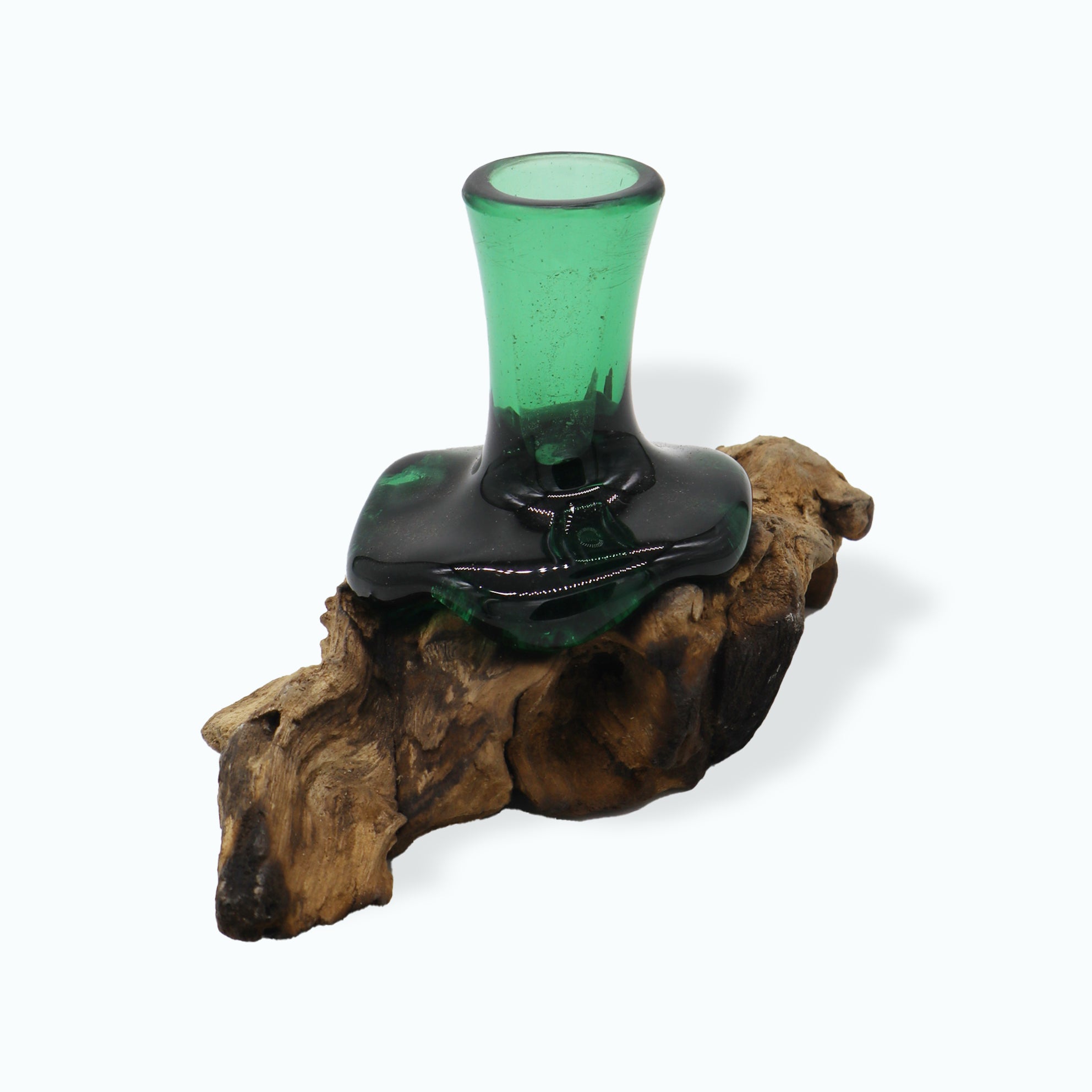 A unique mini flower vase made from a recycled bottle, mounted on a sleek wooden base, showcasing vibrant colors and eco-friendly design.