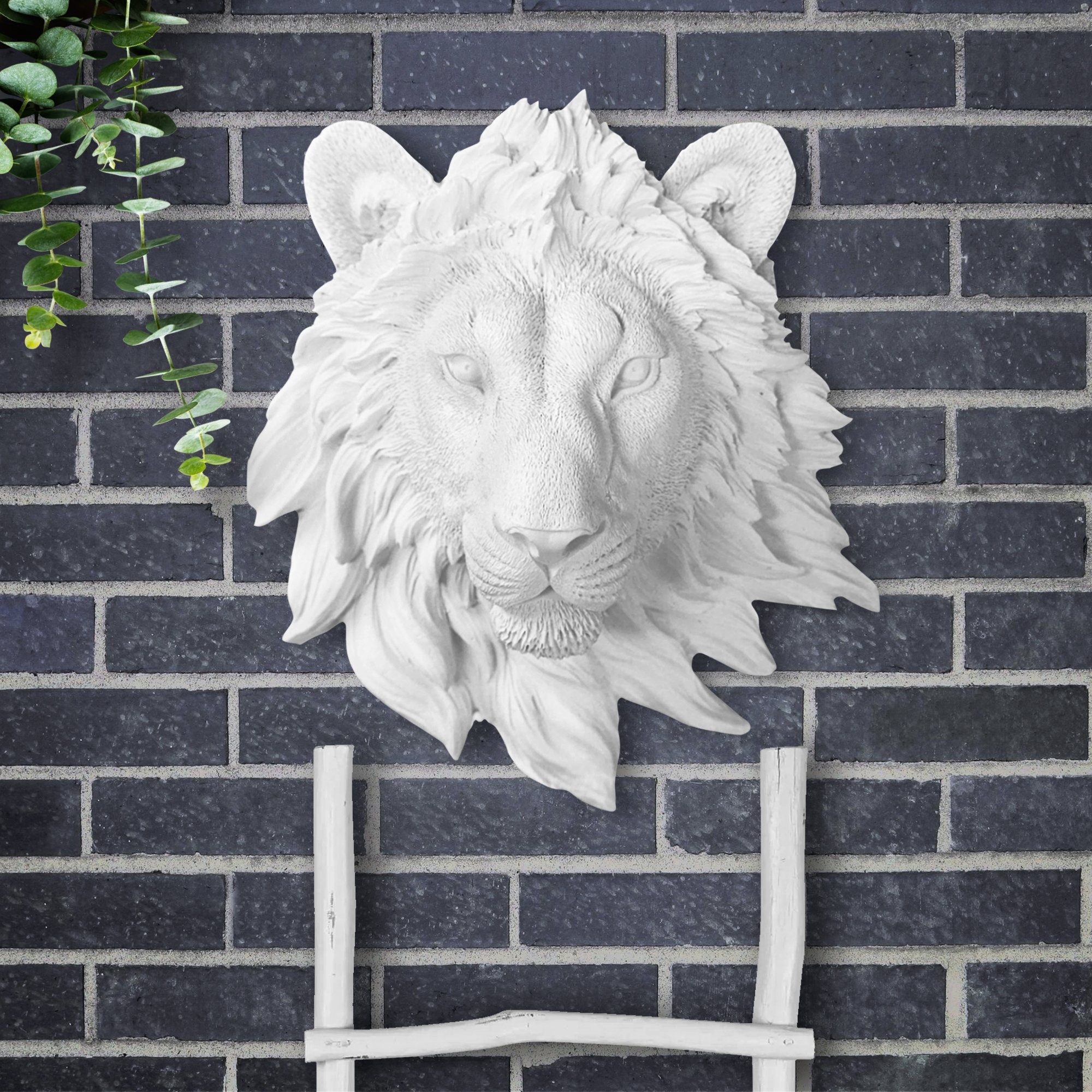 A beautifully crafted Mini White Lion head, 9 inches tall, made from eco-friendly resin with a hand-painted finish, perfect for stylish home decor.
