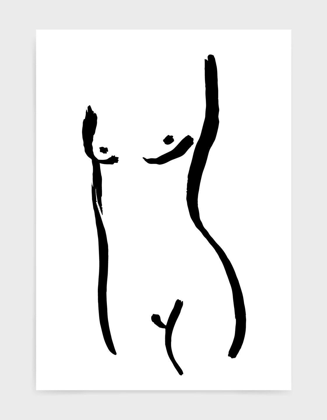 A minimalistic black and white print of a female nude, showcasing elegant lines and simplicity, perfect for modern home decor.