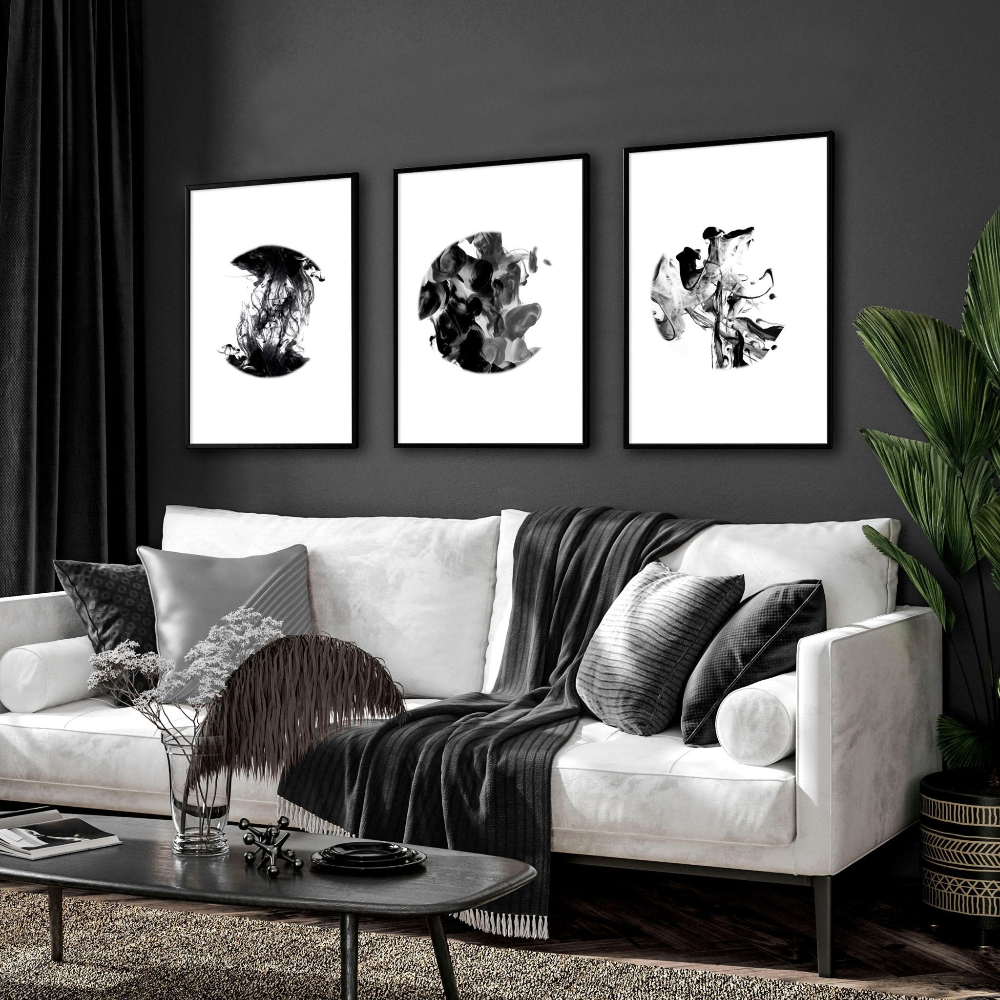 Set of 3 minimalistic wall art prints featuring captivating monochromatic alcohol ink designs, perfect for enhancing living room decor.