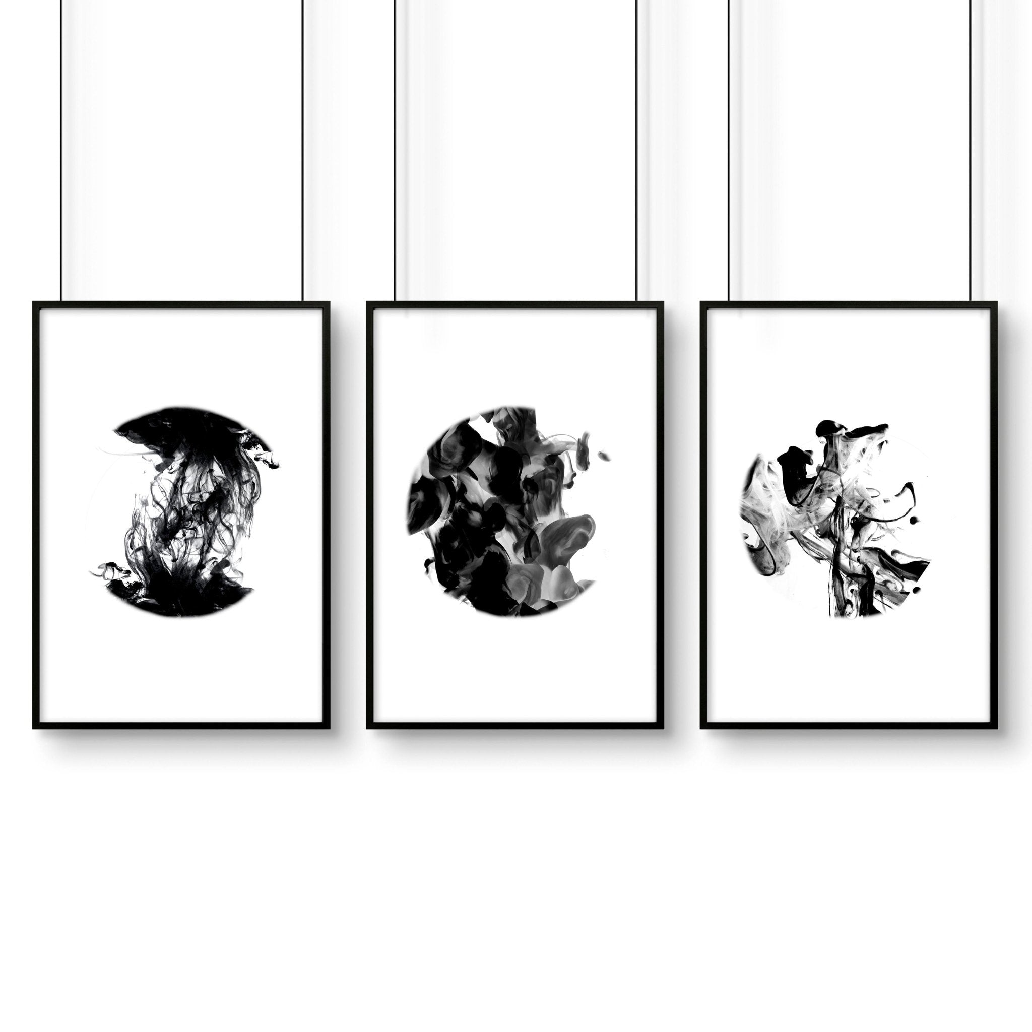 Set of 3 minimalistic wall art prints featuring captivating monochromatic alcohol ink designs, perfect for enhancing living room decor.