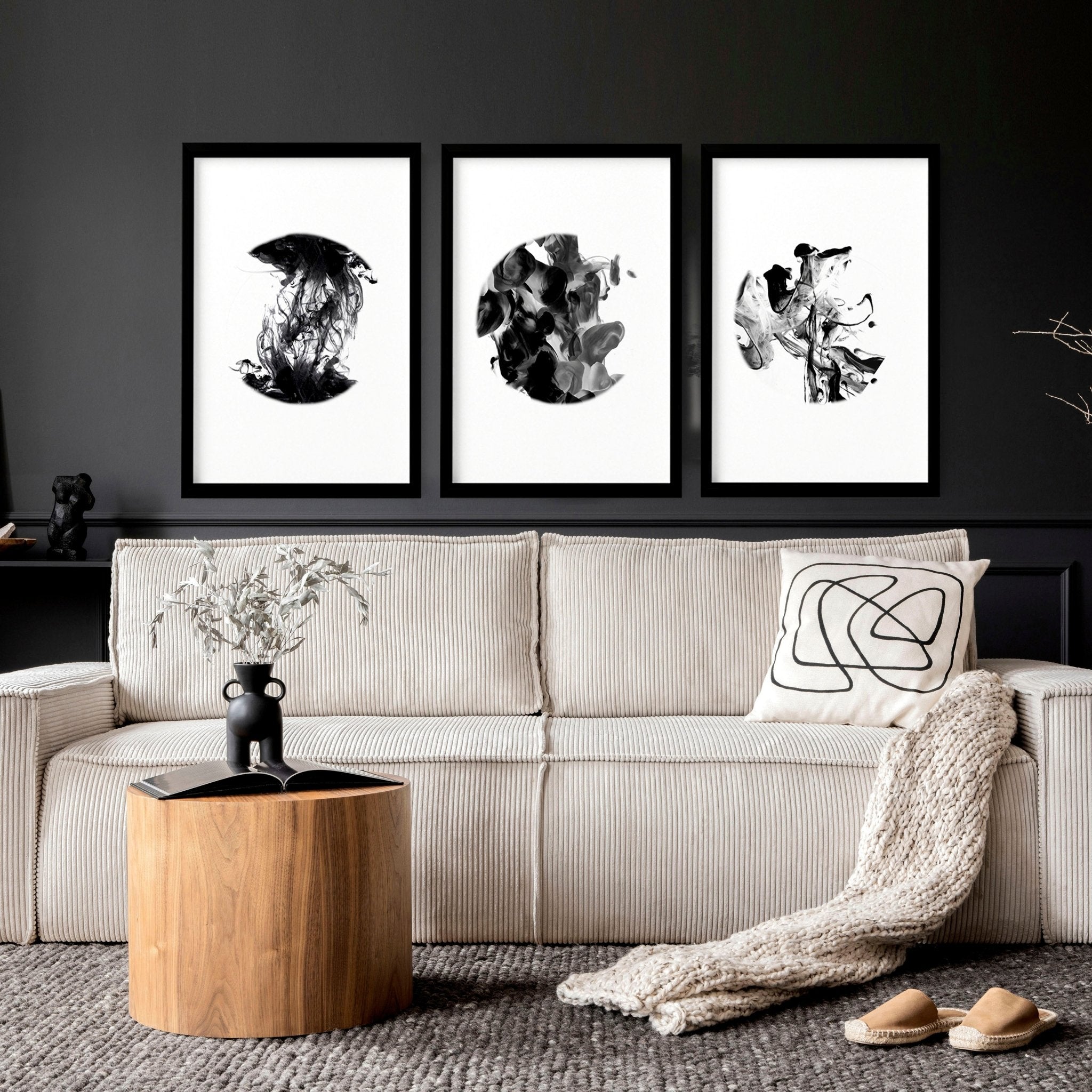 Set of 3 minimalistic wall art prints featuring captivating monochromatic alcohol ink designs, perfect for enhancing living room decor.