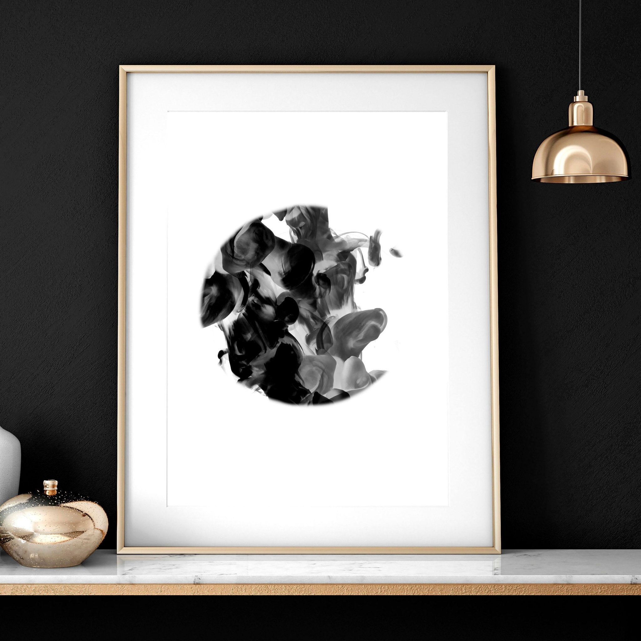 Set of 3 minimalistic wall art prints featuring captivating monochromatic alcohol ink designs, perfect for enhancing living room decor.