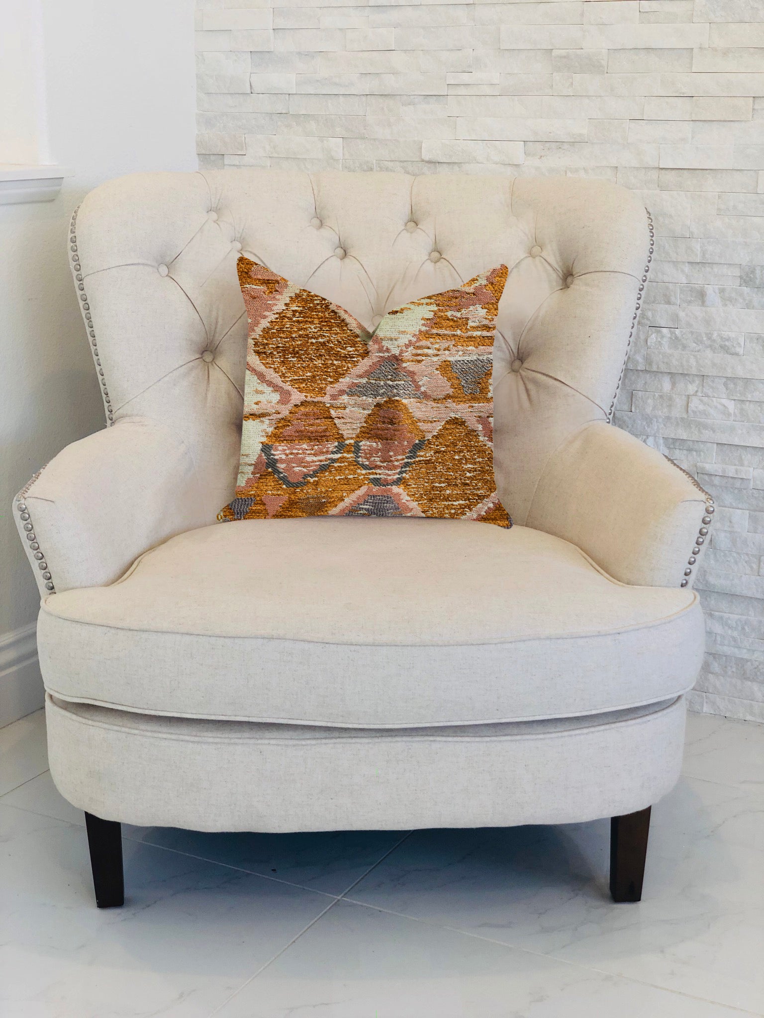Mira Oasis Shades of Brown Luxury Throw Pillow featuring a multi-color design, handmade in the USA with an invisible zipper closure.