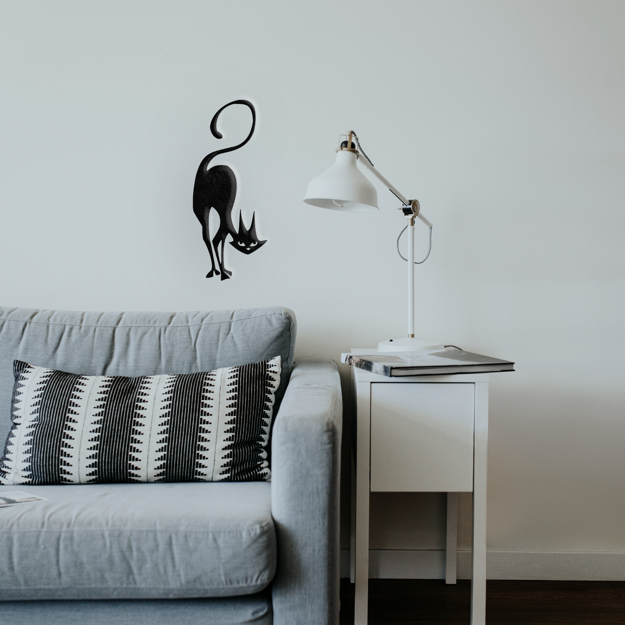 Mischievous Cat metal wall art featuring a playful cat design, crafted from high-quality steel with a powder-coated finish, perfect for Halloween decor.
