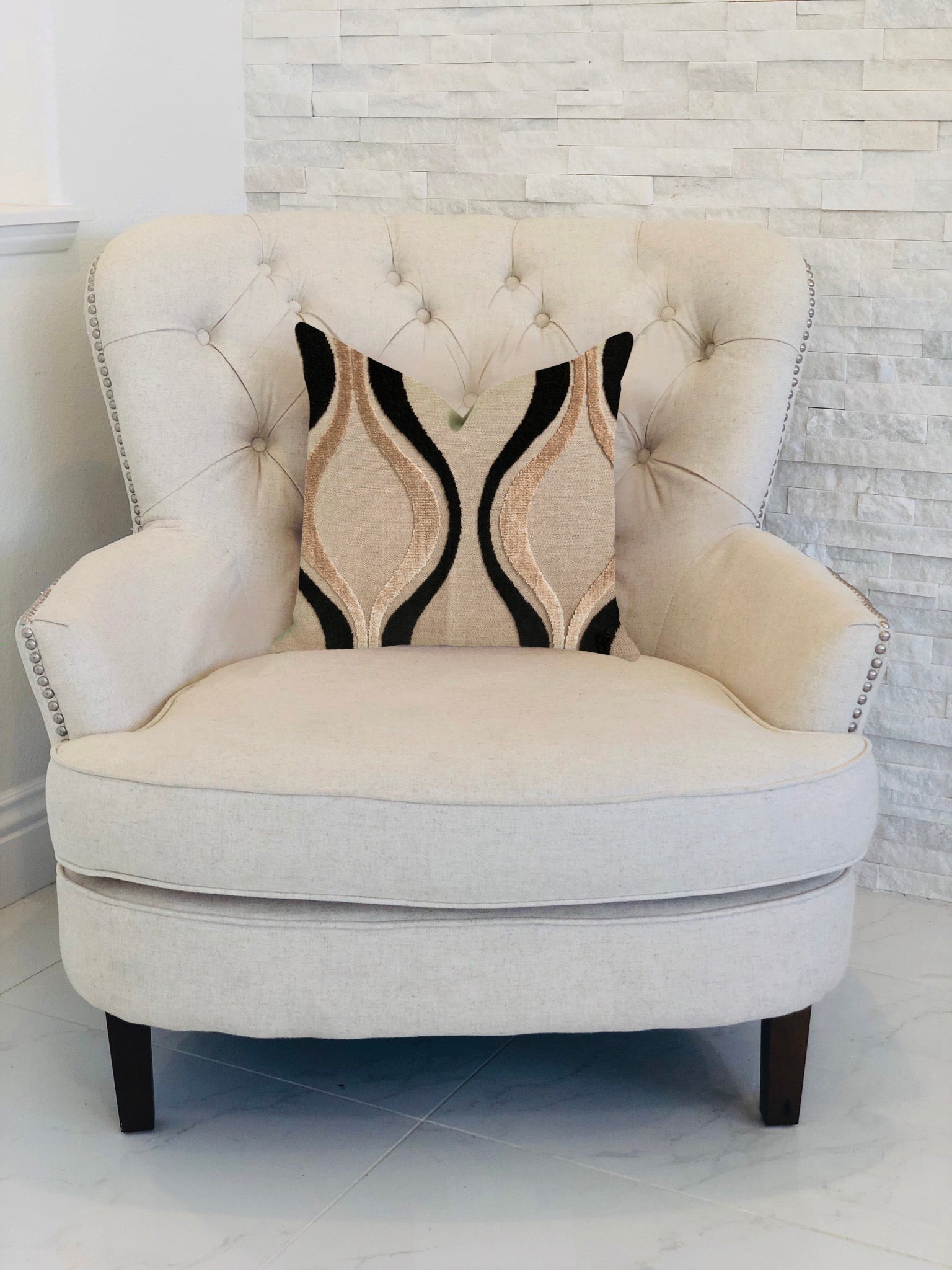 Misty Belvedere Luxury Throw Pillow featuring elegant brown and black tones, handmade in the USA with a double-sided design and invisible zipper.