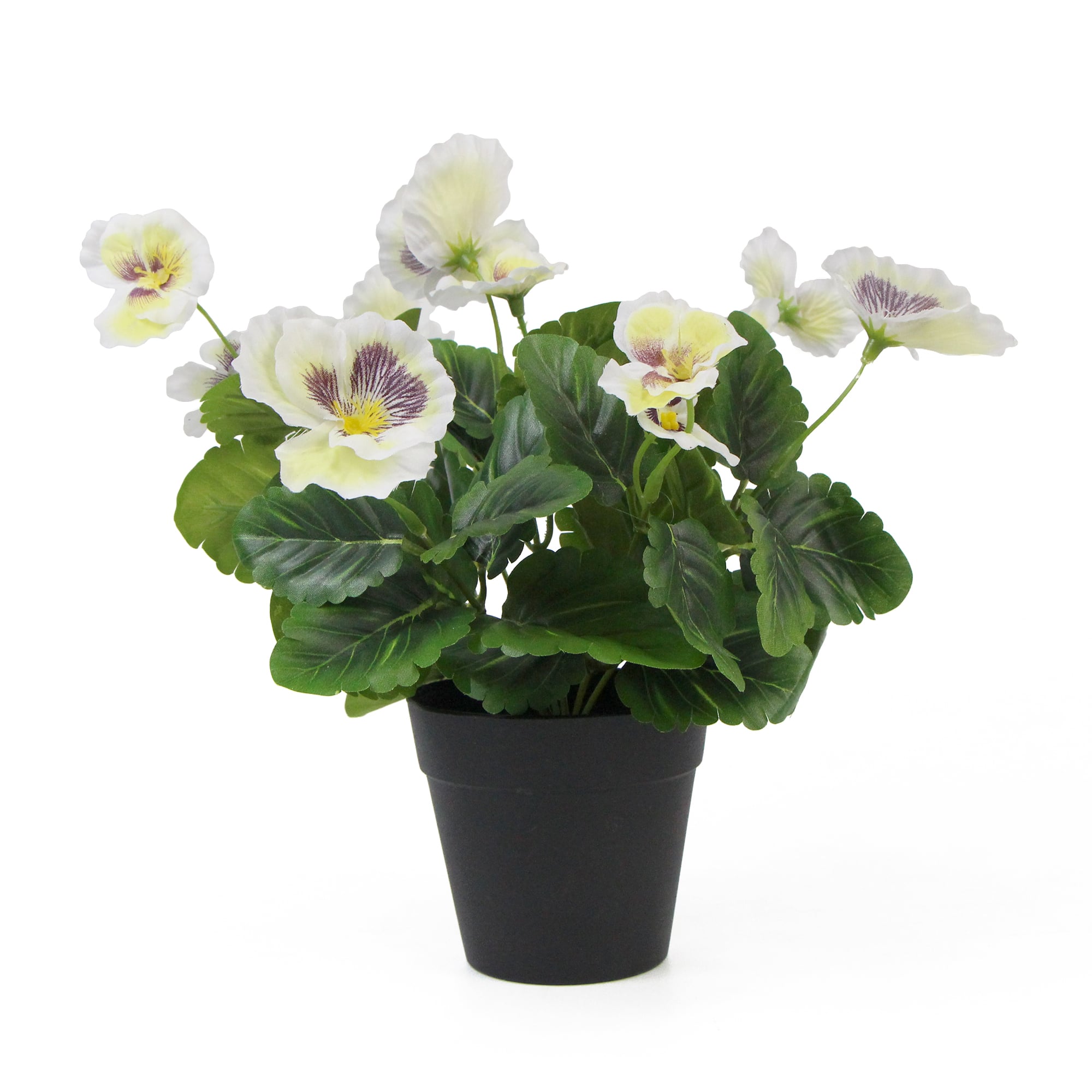 A beautiful arrangement of mixed white flowering artificial pansy plants in a decorative pot, showcasing realistic blooms and lush green leaves.