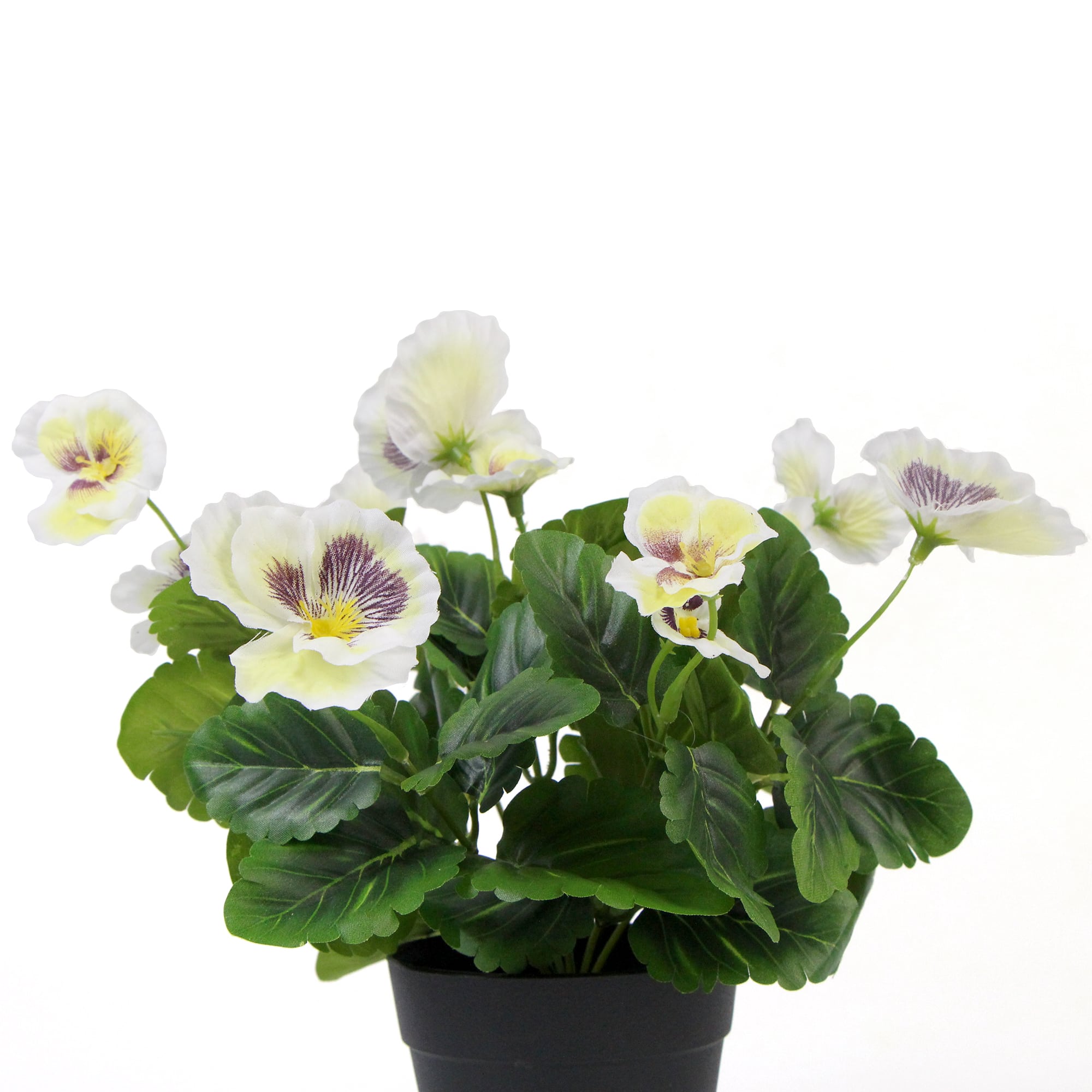 A beautiful arrangement of mixed white flowering artificial pansy plants in a decorative pot, showcasing realistic blooms and lush green leaves.