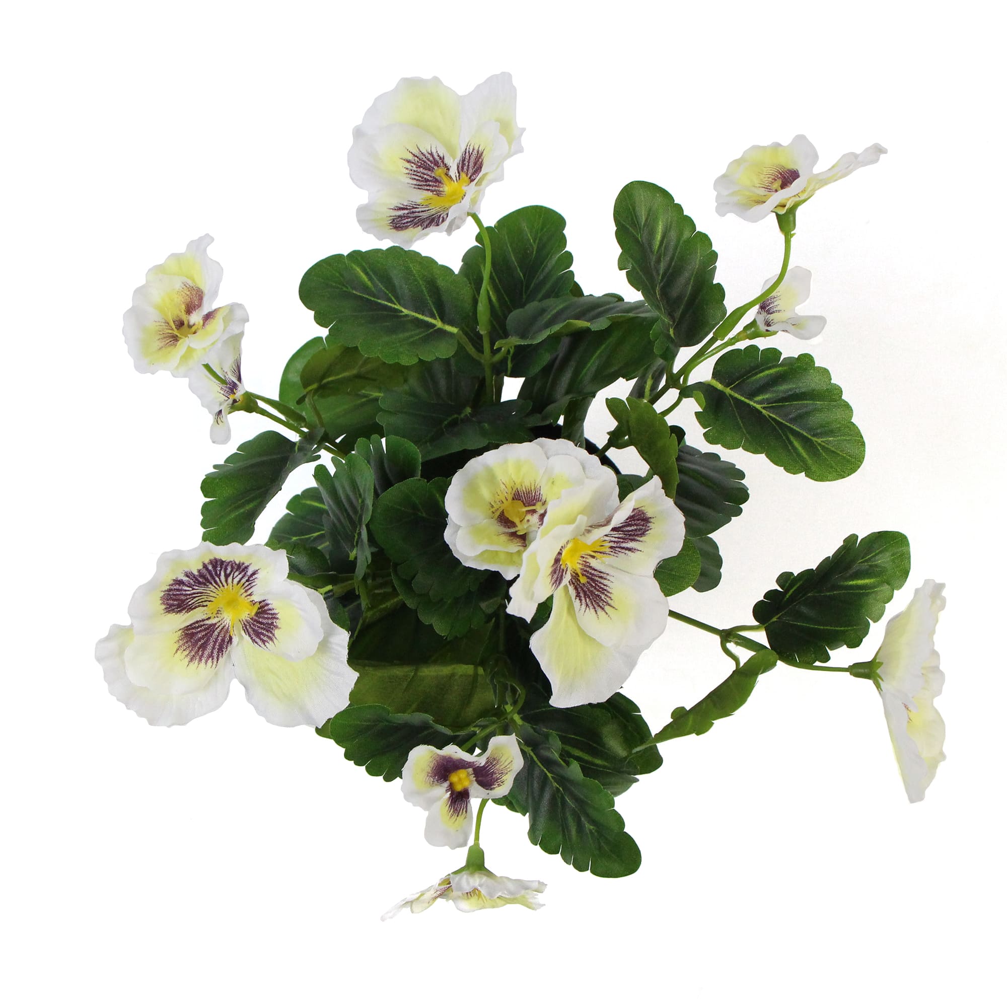 A beautiful arrangement of mixed white flowering artificial pansy plants in a decorative pot, showcasing realistic blooms and lush green leaves.