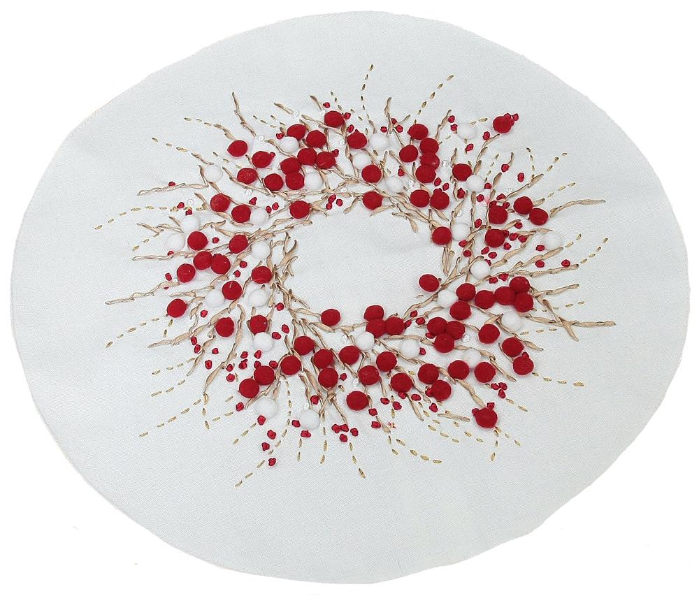 ML10103A Holiday Berry Wreath Placemat featuring red pom-pom berries and ribbon embroidery, perfect for festive table settings.