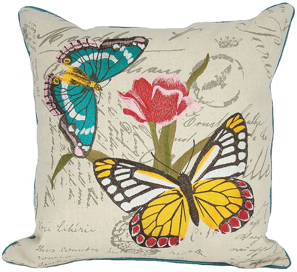 ML11071 Papillon on Tulip Pillow featuring vibrant embroidered tulips and butterflies on a soft cotton/linen blend fabric.