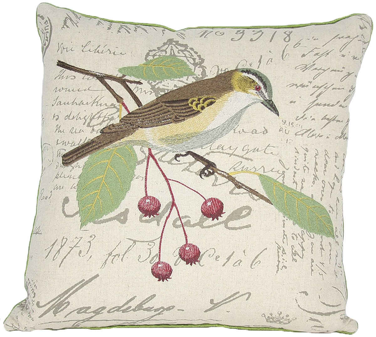 ML11074 Brown Bird with Berries Pillow featuring intricate embroidery on a soft cotton/linen blend fabric, perfect for home decor.