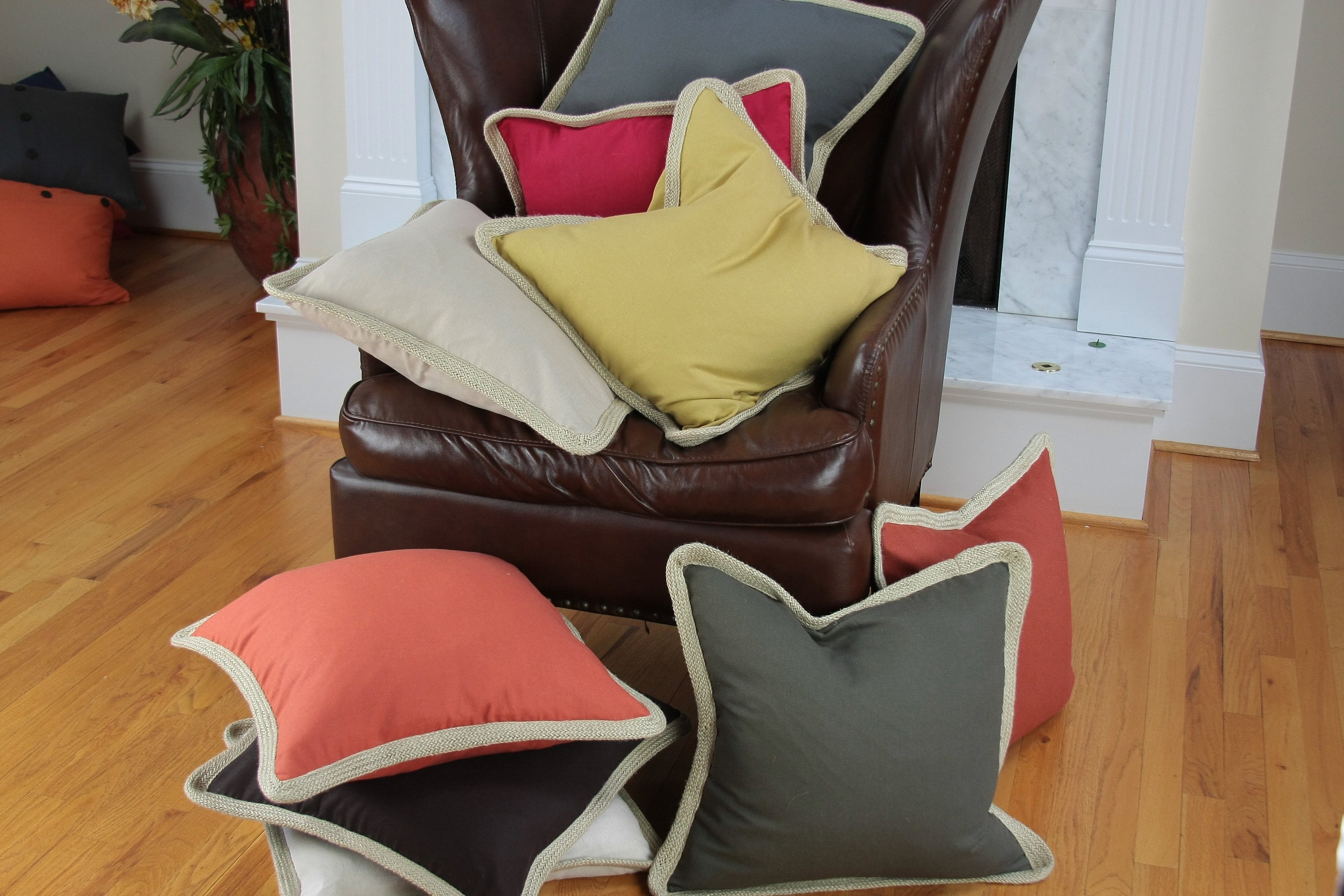 ML111308 Classic Jute Trimmed Pillow in solid color with jute edging, 20x20 inches, perfect for home decor.