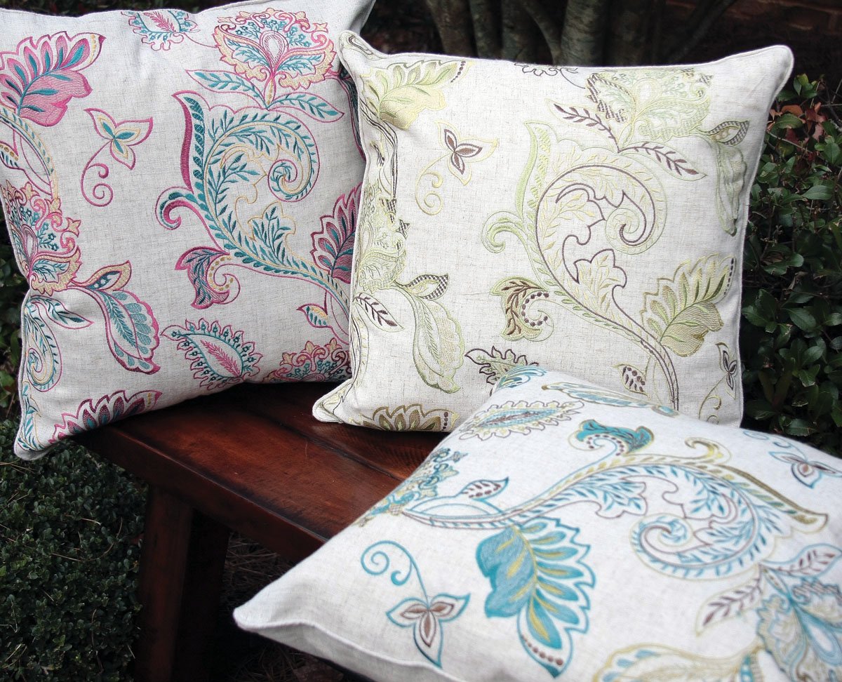 ML13903 Jacobean Pillow featuring intricate floral embroidery on a soft fabric, perfect for home decor.