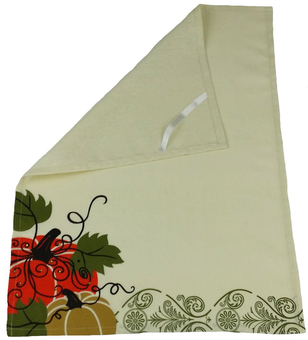 ML14880 Pumpkin Tea Towel featuring whimsical pumpkin and leaf designs with jeweled accents, perfect for holiday decor.