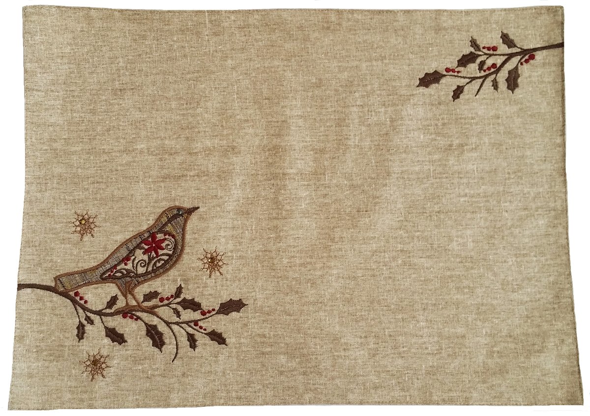 ML14869 Bird On Twig Placemat featuring an embroidered Christmas bird on a holly branch with jeweled accents, perfect for holiday dining.