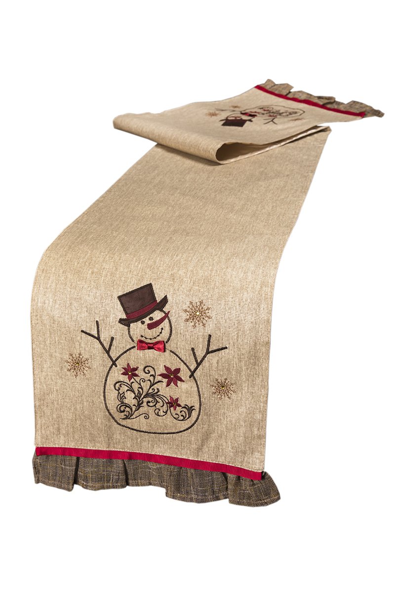 ML14899 Snowman Table Runner featuring embroidered snowman design with jewel accents and ruffle trim, perfect for holiday decor.