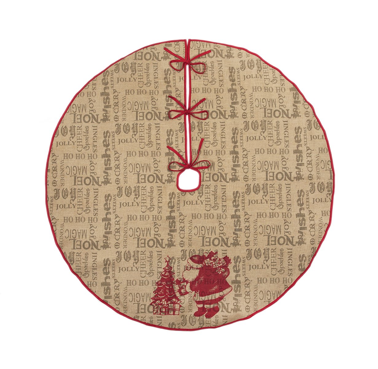 ML14900 Saint Nick Burlap Tree Skirt featuring a whimsical Santa design with red piping, perfect for holiday decor.