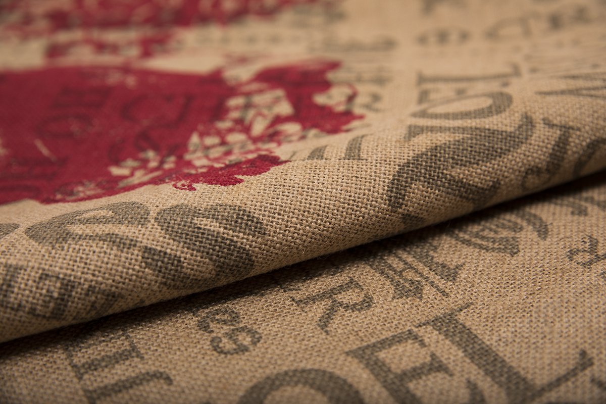 ML14900 Saint Nick Burlap Tree Skirt featuring a whimsical Santa design with red piping, perfect for holiday decor.