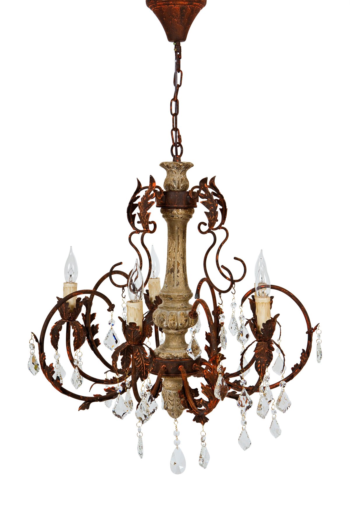ML15908 Beaumont Chandelier featuring real glass crystals, vintage wood and metal design, and five candelabra light fixtures.