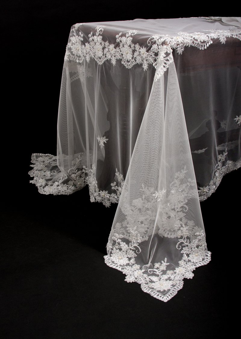 ML16135 Flower Lace Beaded Tablecloth, 80"X80" with intricate floral designs and elegant beaded accents, perfect for special occasions.