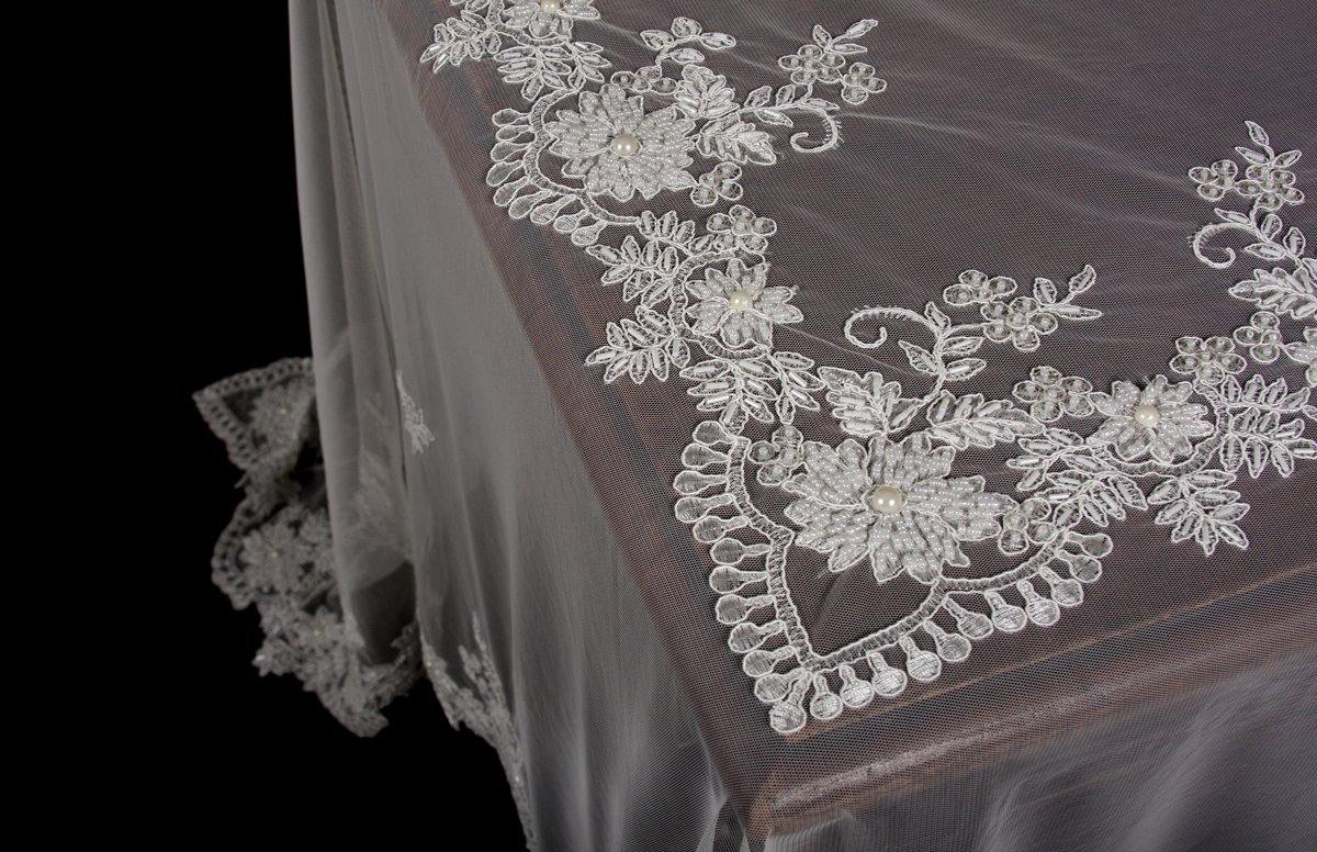 ML16135 Flower Lace Beaded Tablecloth, 80"X80" with intricate floral designs and elegant beaded accents, perfect for special occasions.