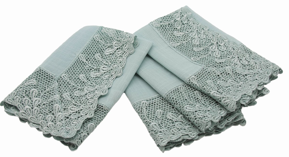 Set of 4 ML16148 Garden Trellece Lace Trim Napkins in White and Reflecting Pond Blue, featuring elegant lace detailing.
