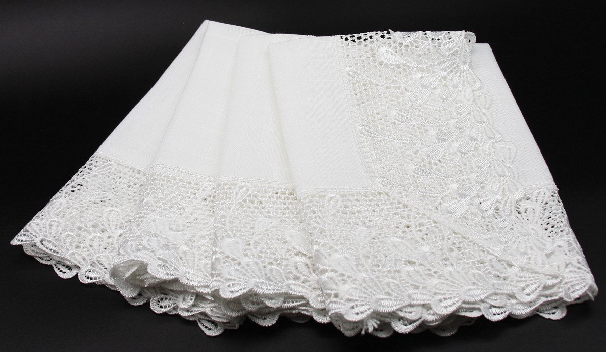 Set of 4 ML16148 Garden Trellece Lace Trim Napkins in White and Reflecting Pond Blue, featuring elegant lace detailing.