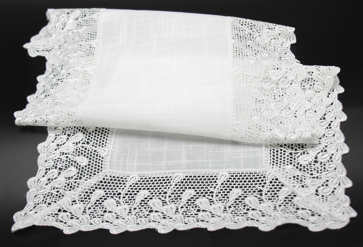 ML16148 Garden Trellece Lace Trim Table Runner featuring elegant lace trim on textured fabric in White and Reflecting Pond Blue.